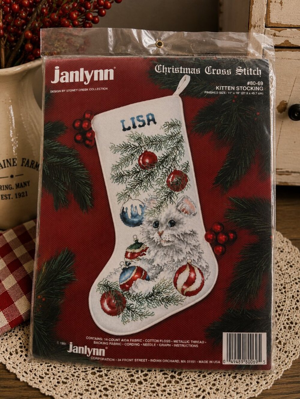 Vintage Janlynn Kitten Stocking Christmas Counted Cross Stitch Kit #80-69 NEW